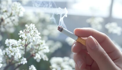 Woman is holding a lit cigarette near blooming flowers