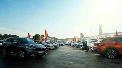 A row of cars displayed at a dealership under a bright sky, representing commerce and automotive choices. The image offers plenty of copy space for advertisements.