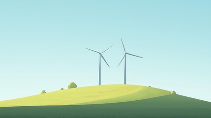 Obraz premium A minimalistic illustration of two wind turbines on a grassy hill under a clear blue sky