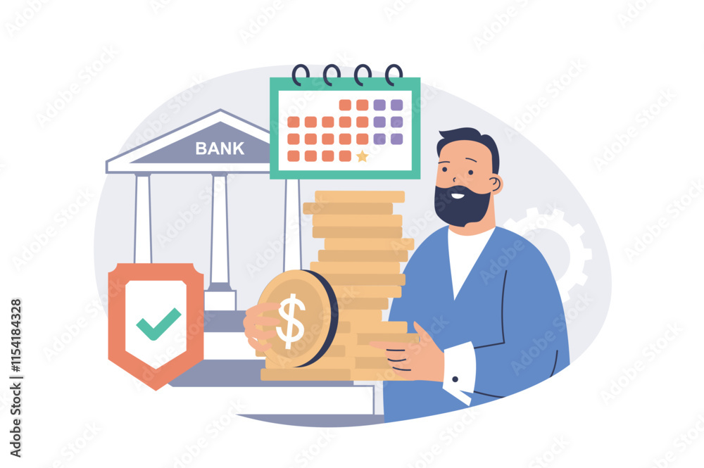 Poster saving money web concept with flat cartoon people for website design. man making investments with fi