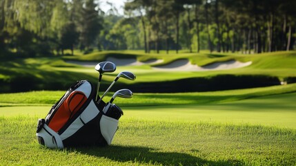 An elegant golfing experience on a serene course, Essential golf equipment neatly displayed, Modern sporting style