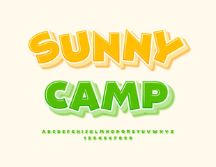 Vector recreational emblem Sunny Camp. Playful Yellow 3D Font. Isometric Alphabet Letters and Numbers set.