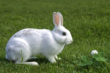 there is a white rabbit that is sitting in the grass