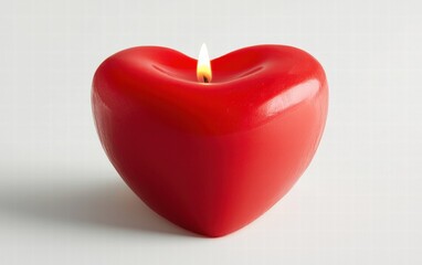 A single red heart-shaped candle glowing brightly, isolated on a clean white background