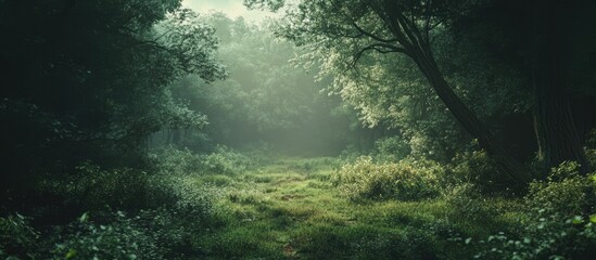 Fototapeta premium Mysterious forest landscape blending natural beauty with a sense of timeless history and tranquility in a lush green setting.