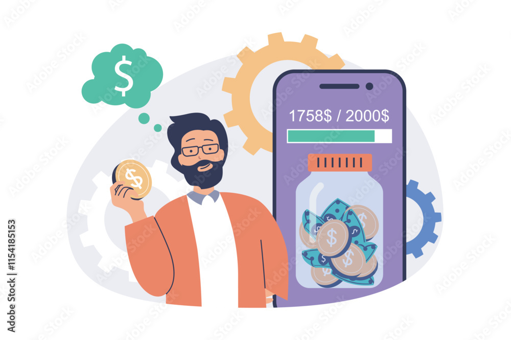 Poster Saving money web concept with flat cartoon people for website design. Man collecting coins and cash using mobile app, making deposits in bank and getting profit at account. Vector illustration.