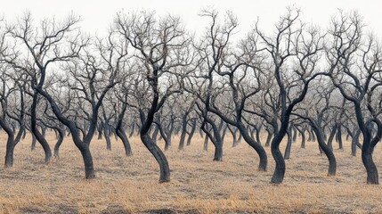 Leafless fig trees in a desolate plantation setting showcasing stark winter beauty and intricate twisted branches