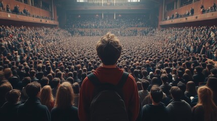 Young man facing large audience in auditorium.