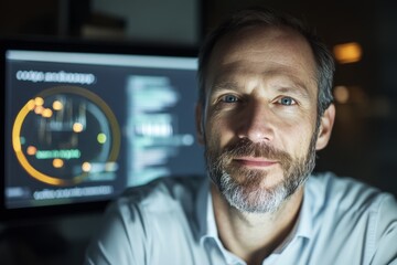 Focused professional in front of a data visualization screen during a late-night analysis session in a modern office setting