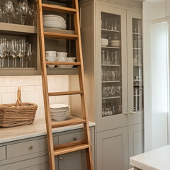 wooden ladder leans against stylish pantry cabinet filled with glassware and plates, creating warm and inviting kitchen atmosphere