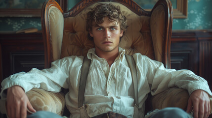 Young white man sitting in chair in victorian era. Vintage, old, retro.