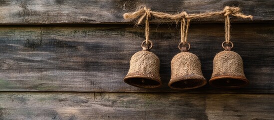 Obraz premium Rustic burlap bells hanging against a weathered wooden backdrop for a charming vintage Christmas decoration theme