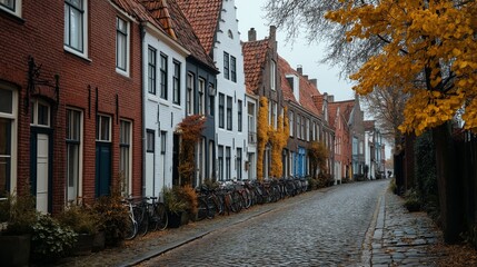 Fototapeta premium A quiet cobblestone street lined with colorful houses and bicycles, adorned with autumn foliage