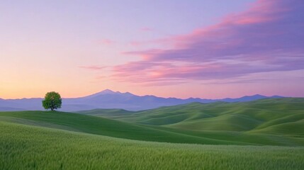 Fototapeta premium Serene Landscape with Rolling Hills and Single Tree at Sunset