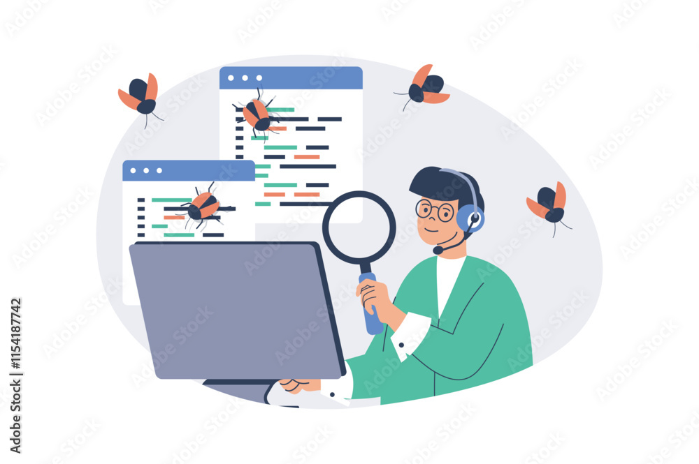 Aufkleber Software testing web concept with flat cartoon people for website design. Man with magnifier looking bugs and errors, finding mistakes in program code, fixing and debugging code. Vector illustration.