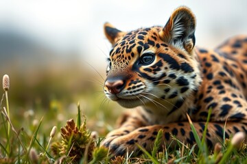 Obraz premium there is a leopard that is laying down in the grass