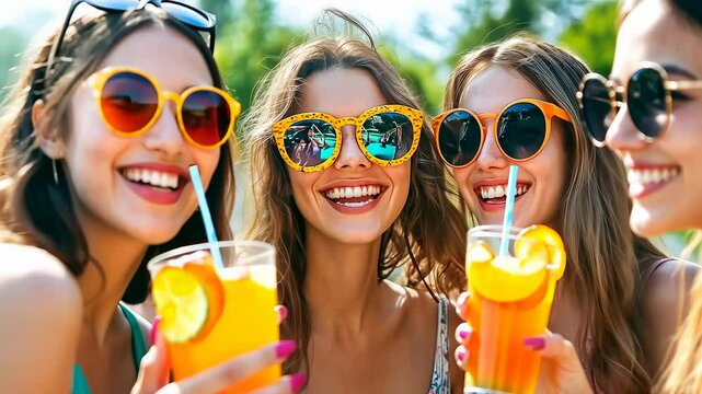A group of young women, likely in their 20s, are enjoying colorful summer drinks. They wear stylish sunglasses and swimwear, radiating joy during a sunny day at a vibrant pool party.