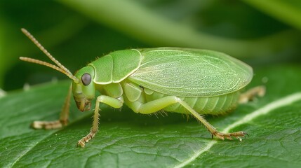 A leaf insect camouflaged on a green leaf, showcasing its vibrant green coloration and detailed texture
