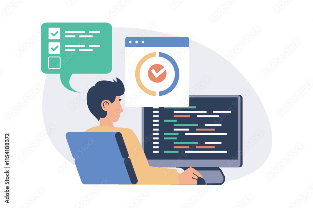 Aufkleber Software testing web concept with flat cartoon people for website design. Man works as tester, making code analysis, finding bugs and errors in program, fixing and debugging code. Vector illustration.