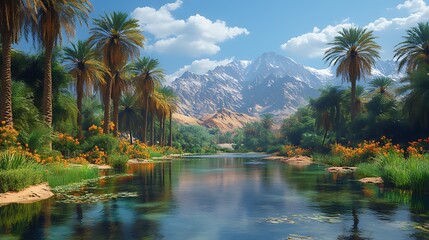 Obraz premium Oasis river flowing through lush palm trees and vibrant flowers, with majestic mountains in the background under a sunny sky.
