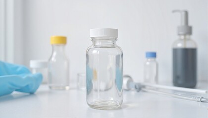 Clear glass bottle mockup on laboratory table with medical equipment in background
