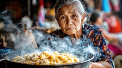 Elderly Woman Cooking Corn in Traditional Market Setting