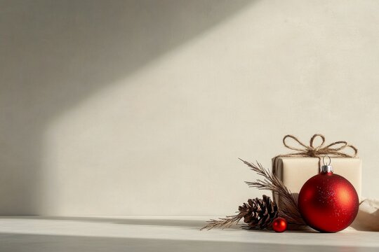 Decorative red Christmas ornament and gift box arranged on a soft gray backdrop during a cozy holiday setting in winter