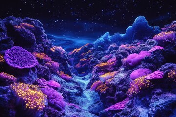 Obraz premium Bioluminescent Coral Reef Underneath a Starry Night Sky