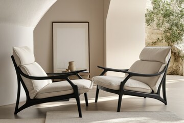 Elegant lounge chairs positioned in a serene interior with minimalist decor and natural light