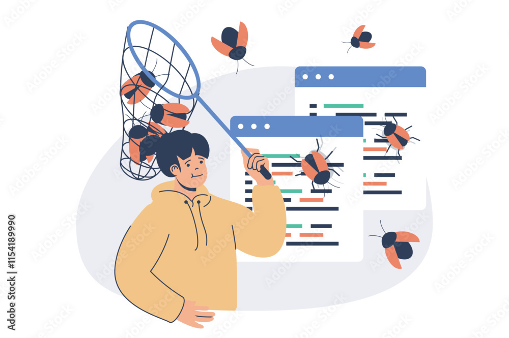 Fototapete Software testing web concept with flat cartoon people for website design. Woman with catch net looking program bugs, finding errors in program, debugging code, fixing mistakes. Vector illustration.