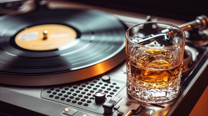 Vinyl Record on Turntable with Refreshing Whiskey Glass in Cozy Atmosphere