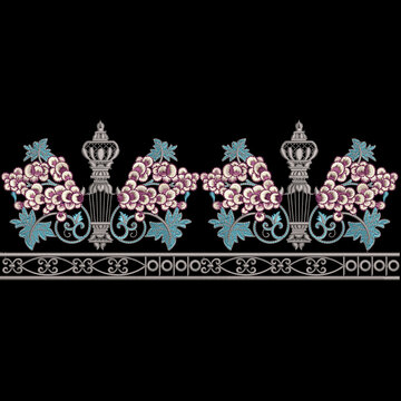 Isolated embroidery seamless daman border lace design with geometrical and decorative floral asian ornaments for trendy women wear artwork illustration.