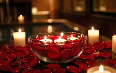 Floating candles in a bowl surrounded by rose petals for a calming spa atmosphere