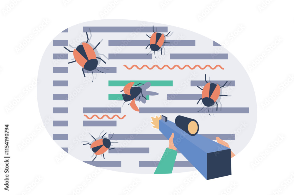 Fototapete Software testing web concept with flat cartoon people for website design. Developer with shoot gun looking program bugs, finding problems in program, debugging code at screen. Vector illustration.