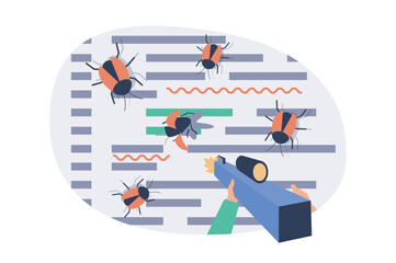 Software testing web concept with flat cartoon people for website design. Developer with shoot gun looking program bugs, finding problems in program, debugging code at screen. Vector illustration.