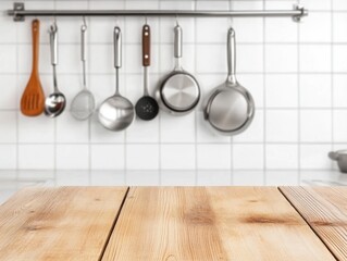 Rustic Wooden Table with Kitchen Utensils Hanging in Background