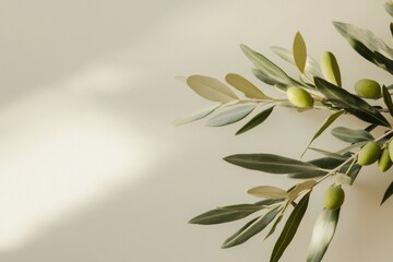 Delicate olive branch showcases vibrant green olives and lush leaves against a soft background, evoking themes of harmony and environmental consciousness on Earth Day