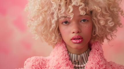 Portrait of a afro american (african) / black / mixed woman with curly blonde hair. Closeup face with makeup. Winter pink coat with sequins. Pink background