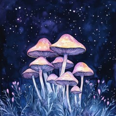 Fototapeta premium Mushrooms watercolor illustration of fungi in various shapes and colors. Represents wonder, growth, and the diversity of nature.