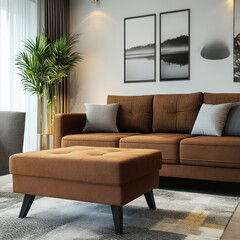 cozy living room featuring brown couch with ottoman, stylish decor, and modern artwork. space is brightened by natural light and greenery, creating welcoming atmosphere