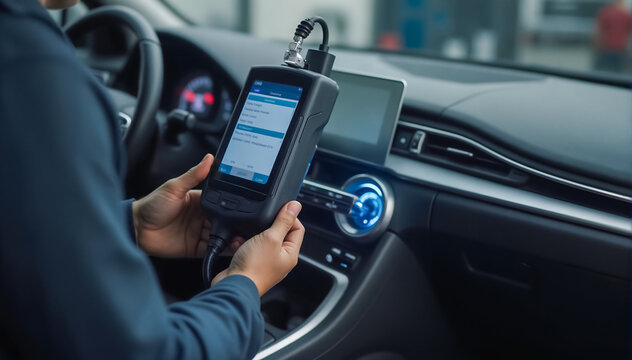 Car diagnostic scanner device being used in modern vehicle interior, checking engine parameters with professional OBD tool during maintenance service