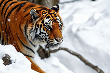 tiger walking in the snow in front of a tree