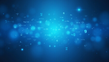 Mathematical Equations And Formulas On Blue Background With Glowing Symbols, Scientific Calculations And Algebra Expressions
