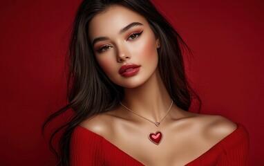 Stylish woman wearing a heart-shaped pendant and posing against a deep red background valentines day