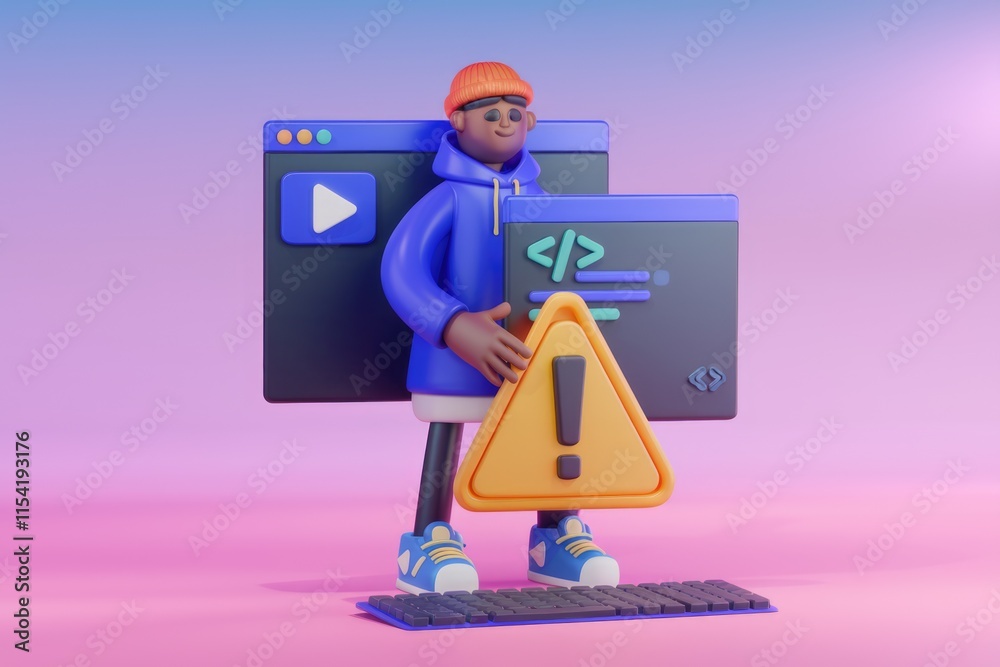 Leinwandbilder 3D cartoon character encounters a coding error on a computer screen, displaying a warning sign.