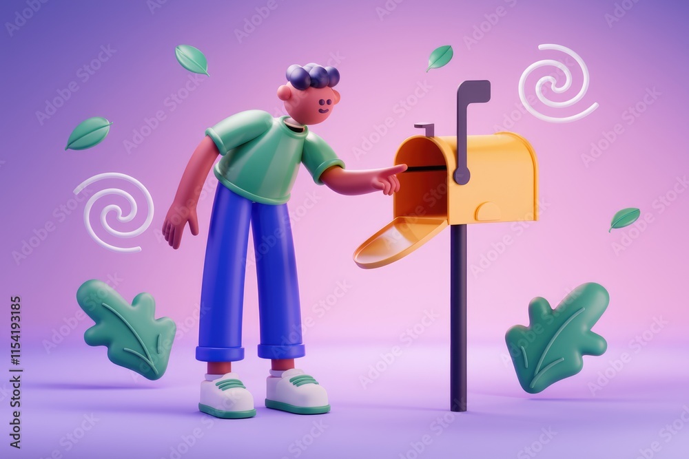 Poster A 3D cartoon character interacts with a yellow mailbox, symbolizing communication and correspondence.