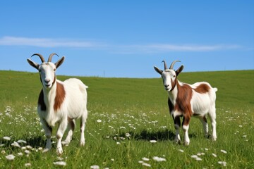 goats standing in a field of grass with white flowers
