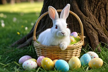 there is a white rabbit sitting in a basket with eggs