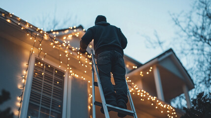 A man on a ladder is putting up Christmas lights on the eaves of a house. Festive holiday decoration generative AI