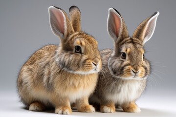 Fototapeta premium two rabbits are sitting side by side on a white surface